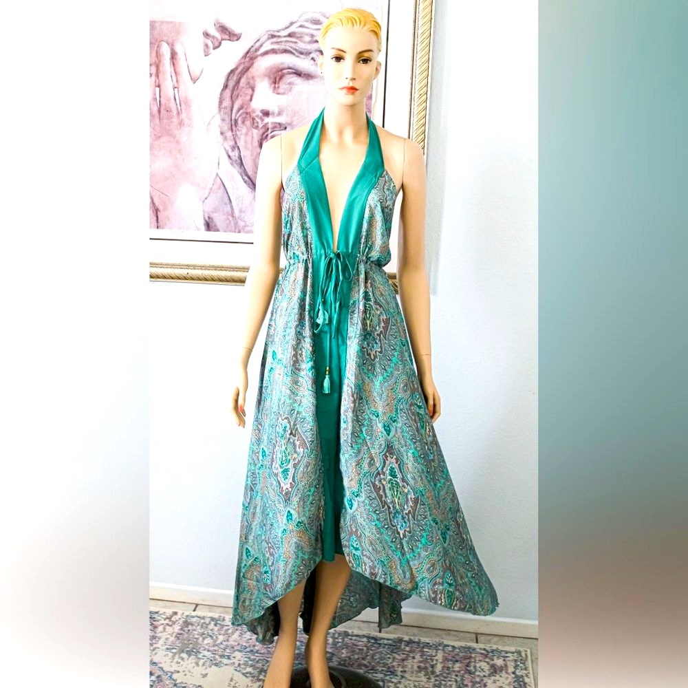 BOHO HALTER TIE-FRONT FLOWY MAXI TOP